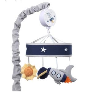 EUC Lambs & Ivy Milky Way Musical Baby Crib Mobile - Blue/Navy/Gray Space Theme